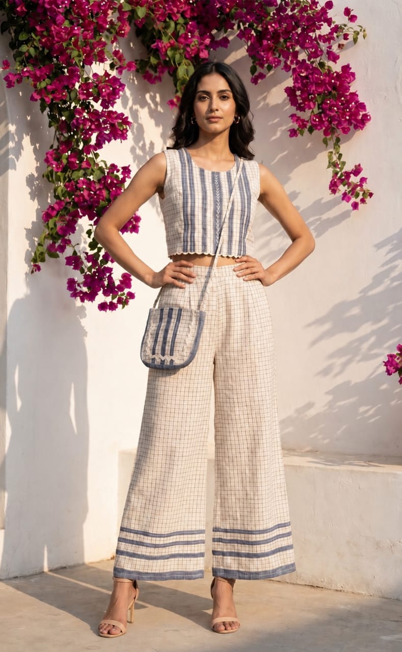White And Blue Cotton Indo Western