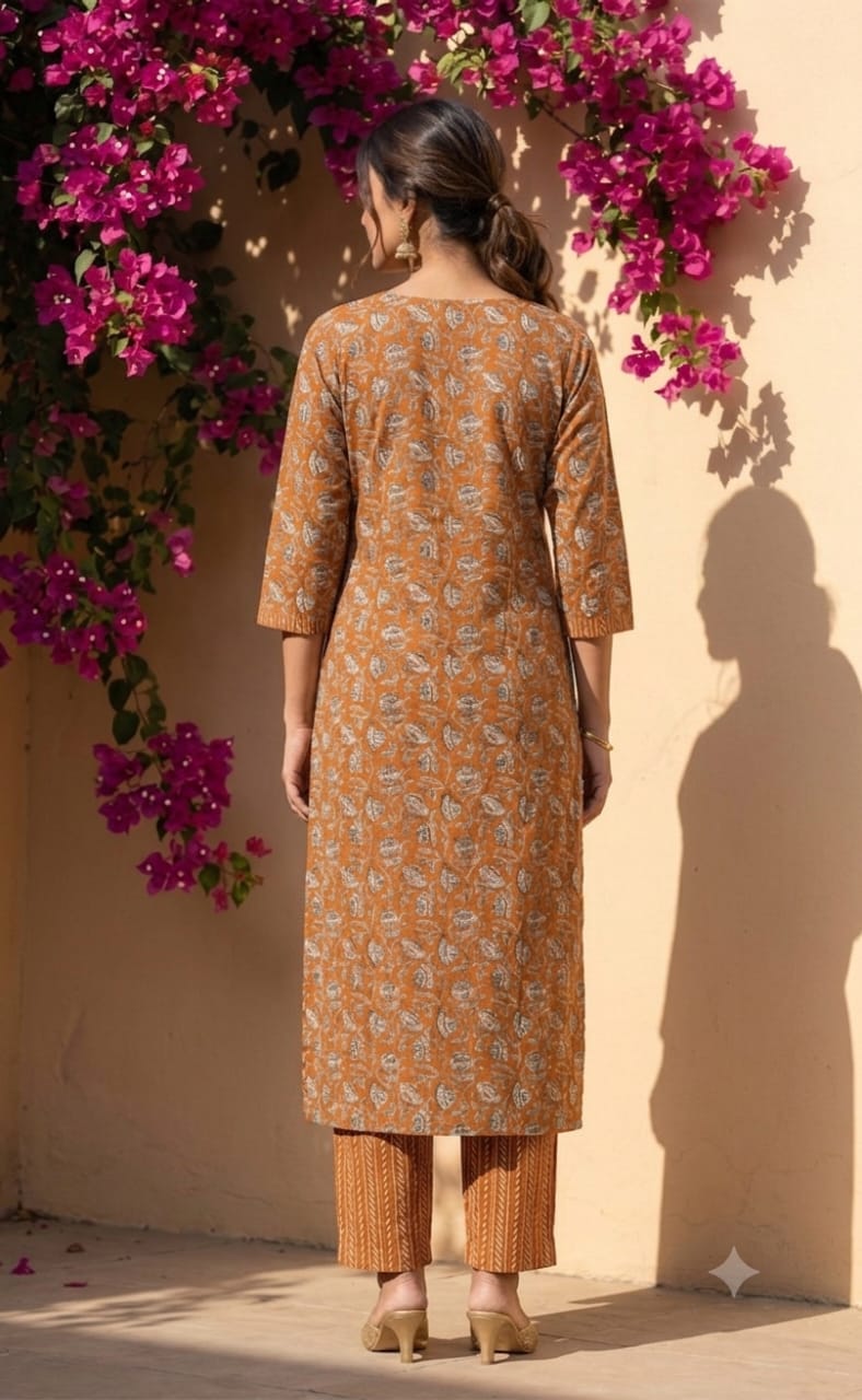 Warm Orange Cotton All-Over Floral Printed Patiyala Set