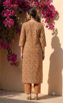 Warm Orange Cotton All-Over Floral Printed Patiyala Set