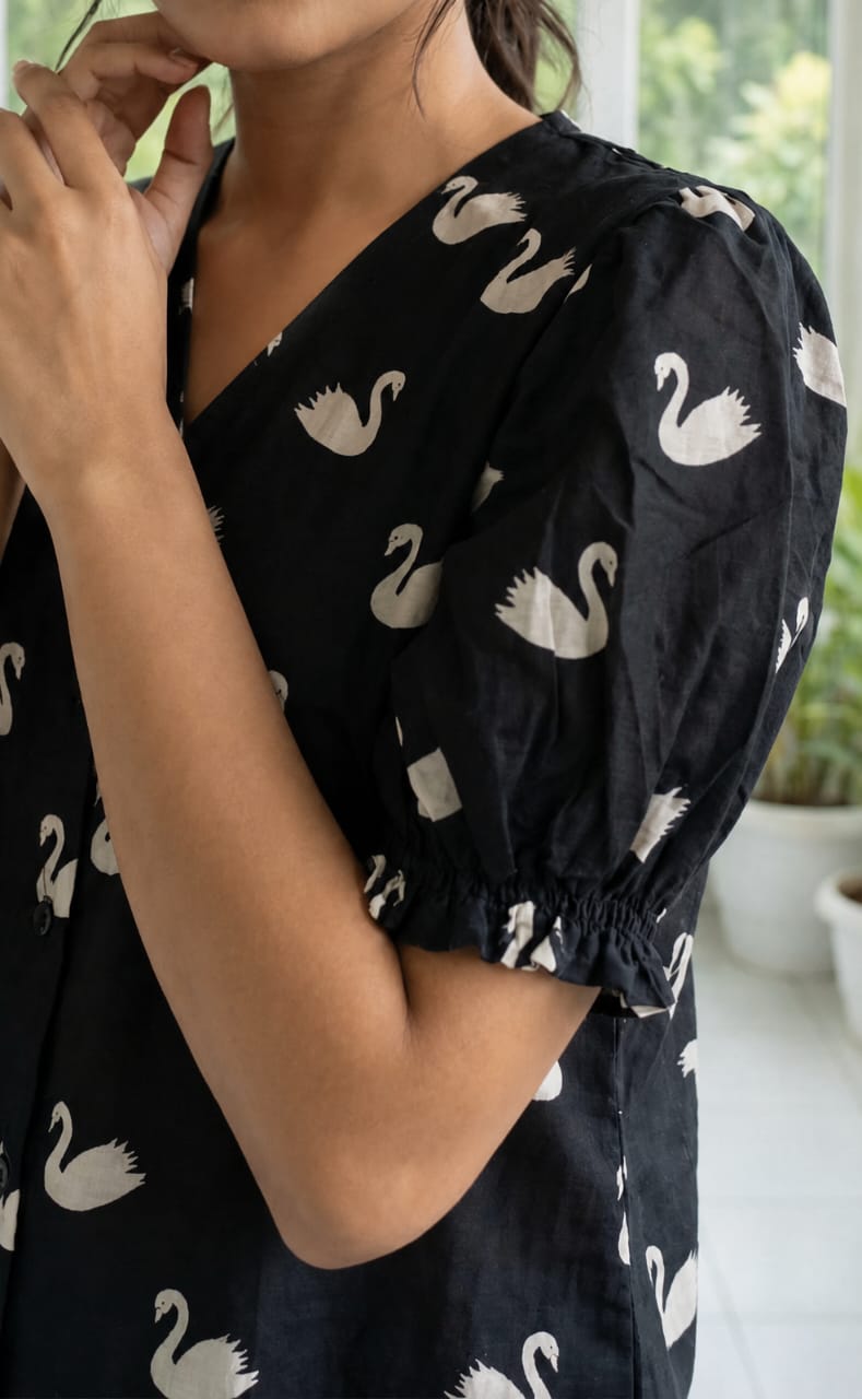 Black Cotton Swan Print Flare Kurti With Frills