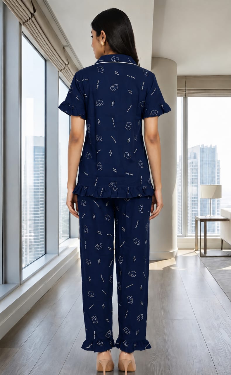 Navy Blue All-Over Teddy Bear Face Printed Night Suit