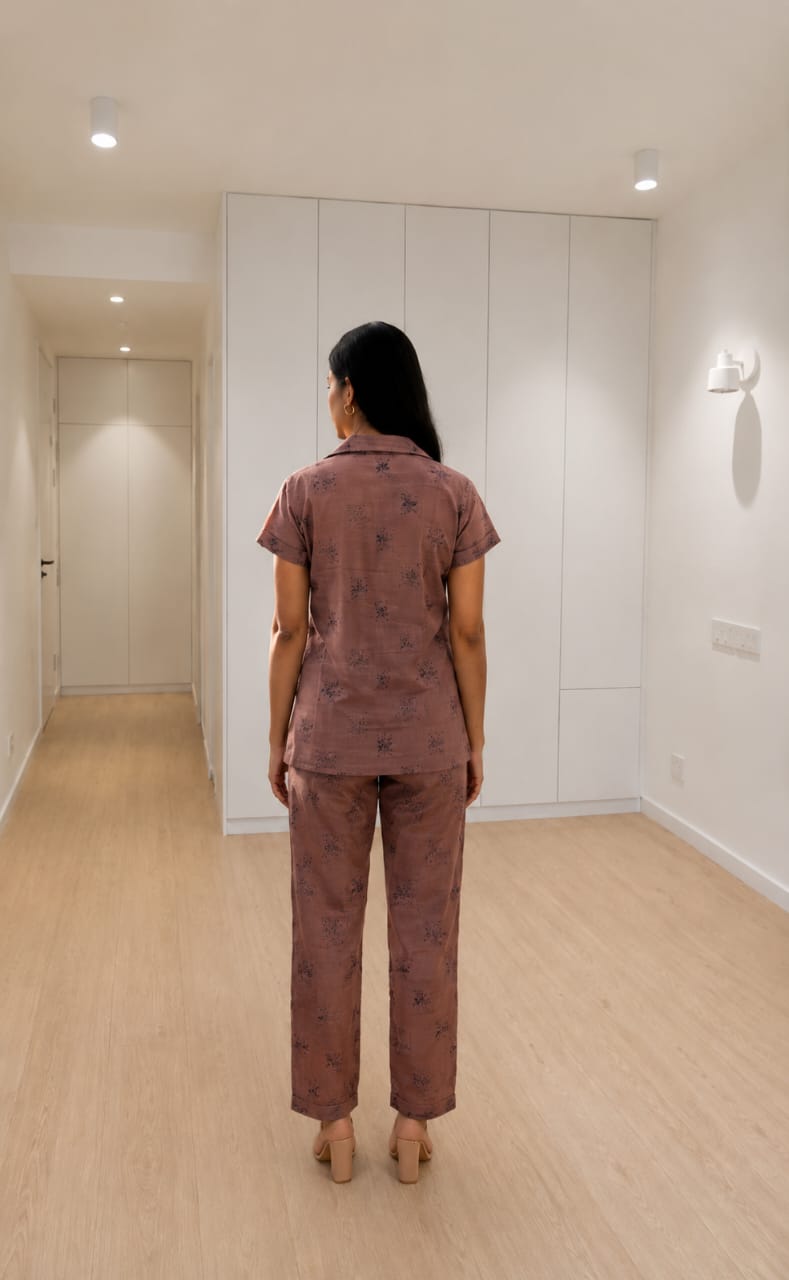 Pinkish Brown All-Over Placement Printed Night Suit