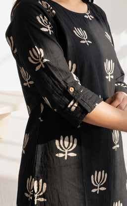 Black Cotton All-Over Floral Lotus Print Co-ord Set