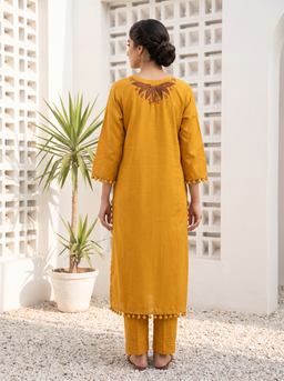Yellow Roman Silk Kanta Work Kurti Set