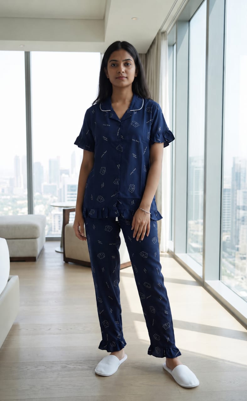 Navy Blue All-Over Teddy Bear Face Printed Night Suit