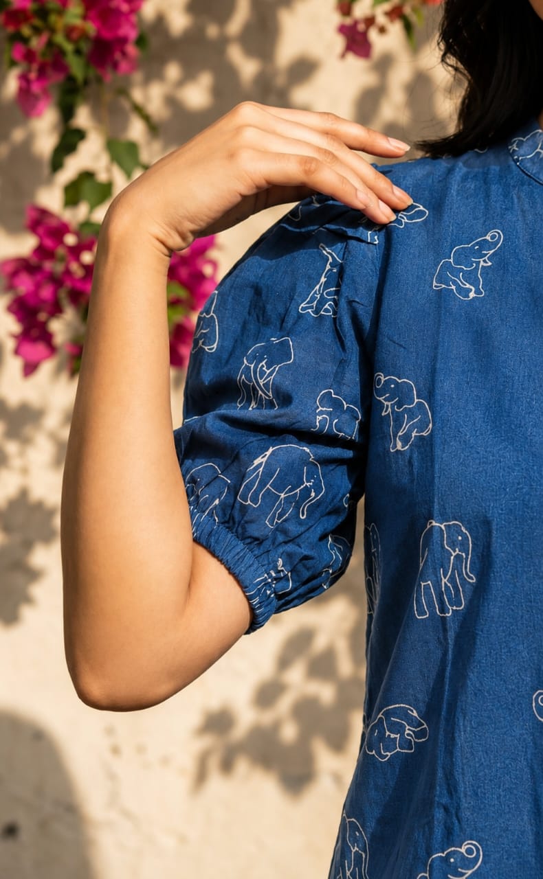 Blue Cotton All-Over Elephant Print Kurti Gown