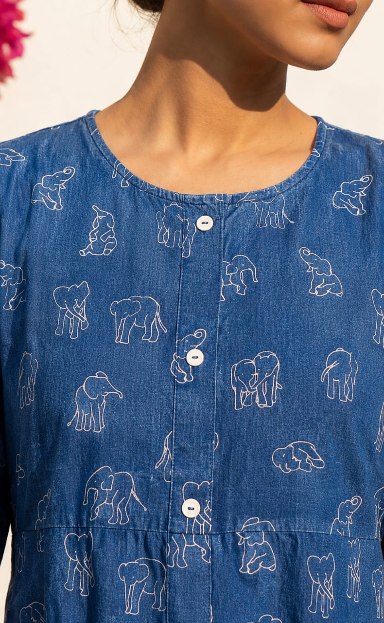 Blue Cotton All-Over Elephant Print Kurti Gown