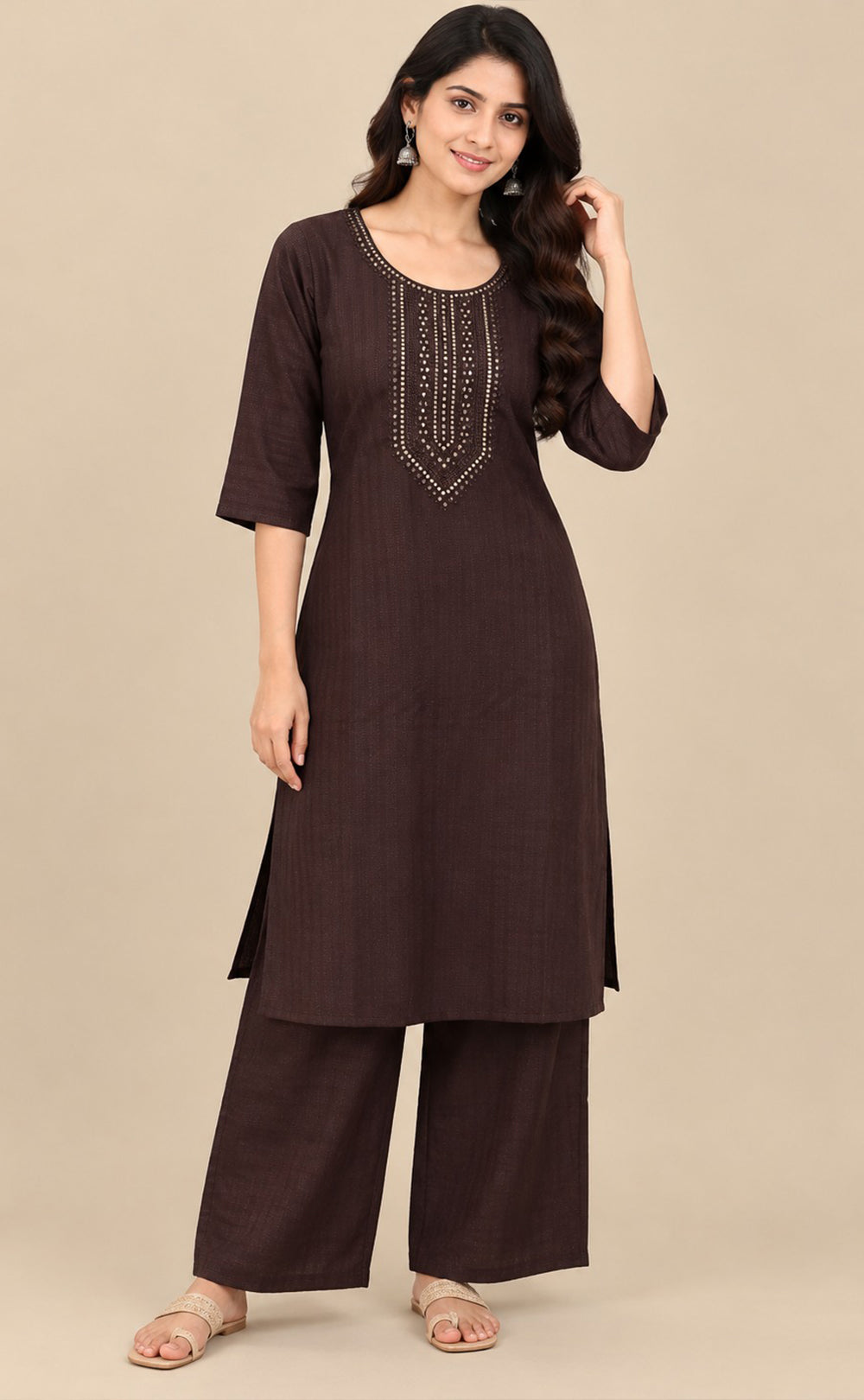 Dark Coffee Brown Fancy Sequence Work Co-ord Set