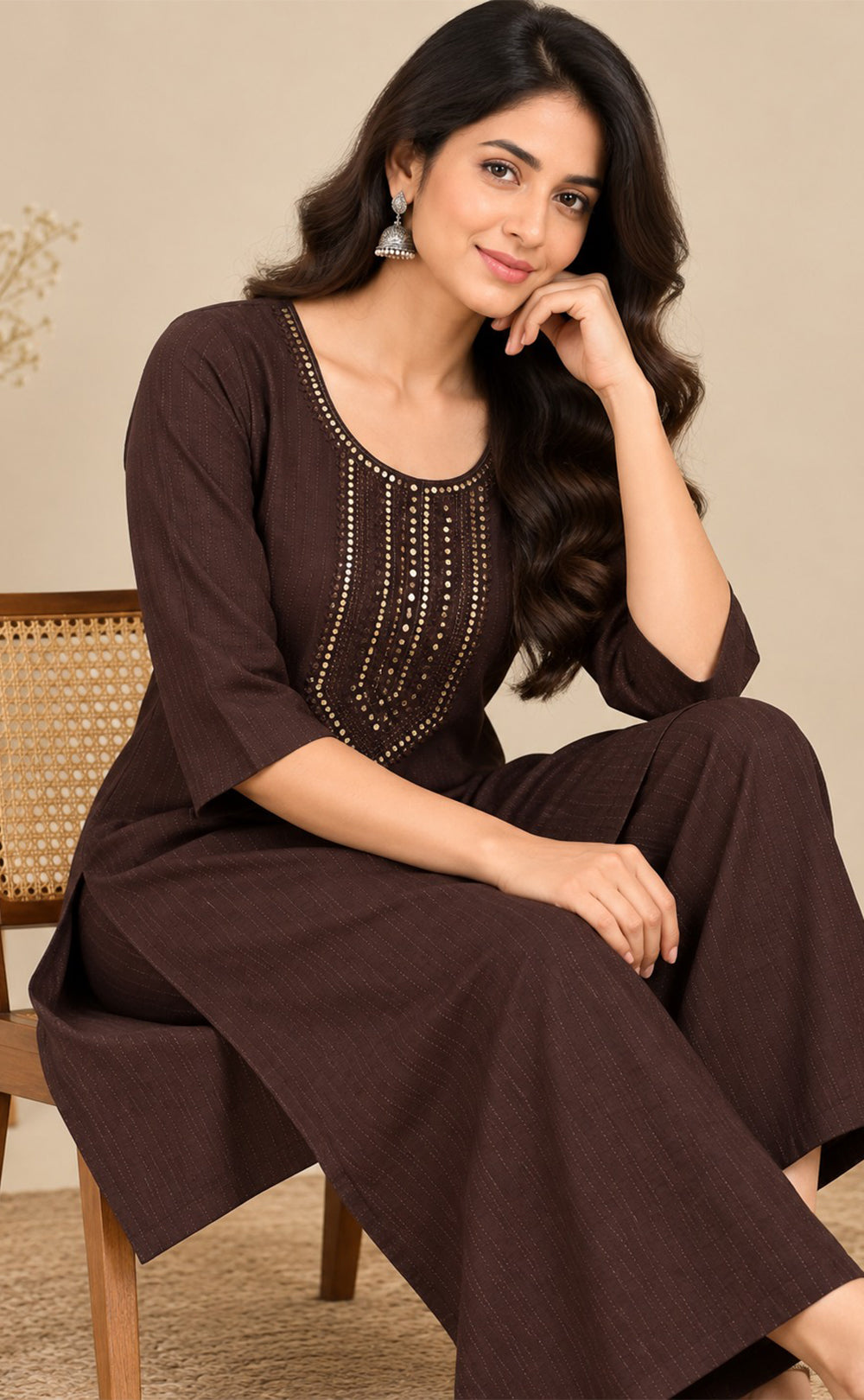 Dark Coffee Brown Fancy Sequence Work Co-ord Set
