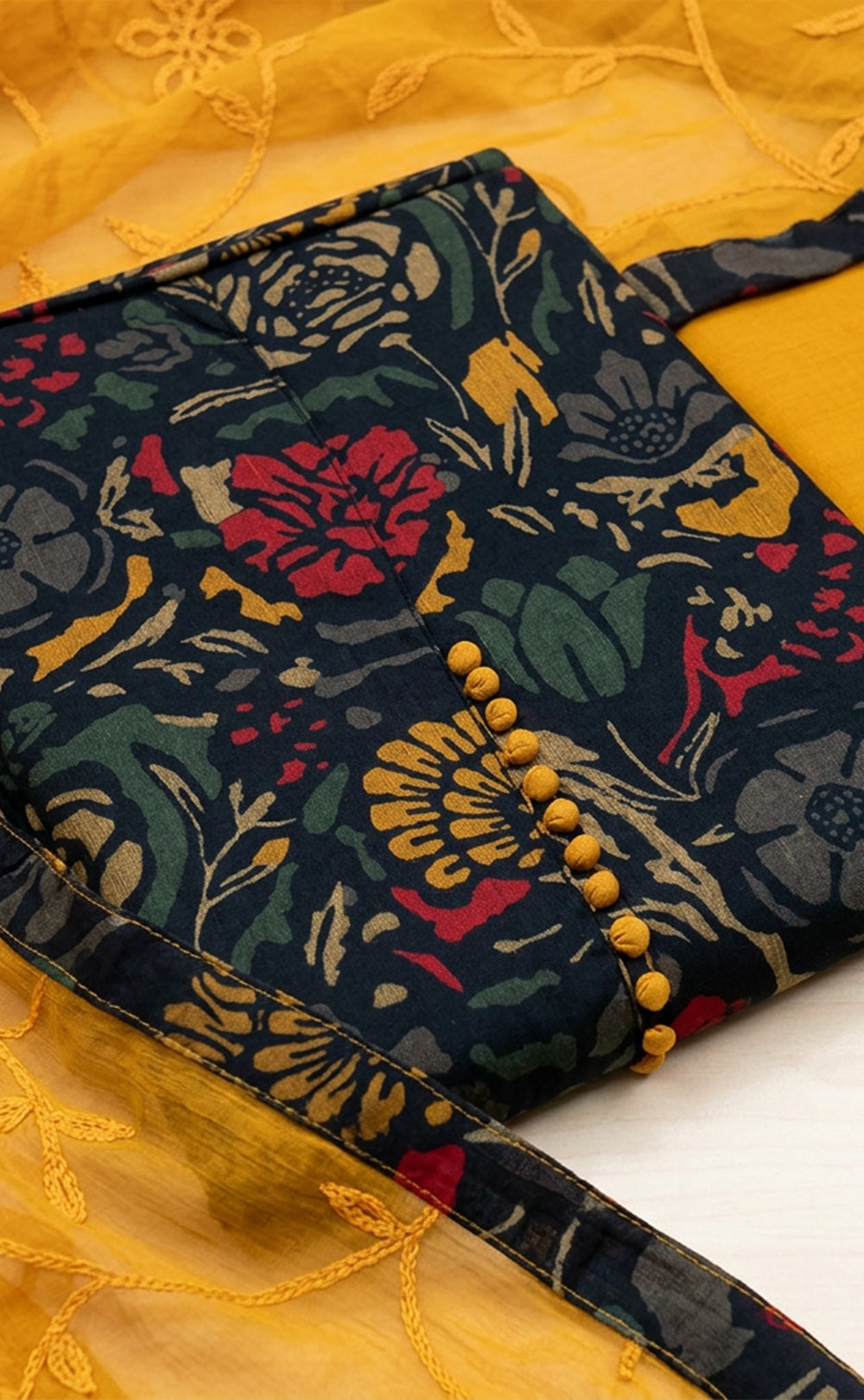 Mustard Yellow Cotton Floral Printed Un-Stitched Dress Material