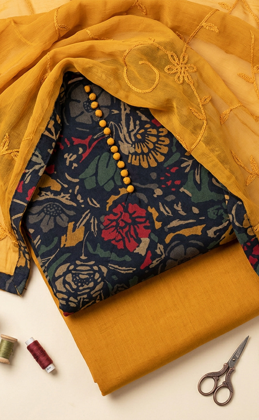 Mustard Yellow Cotton Floral Printed Un-Stitched Dress Material