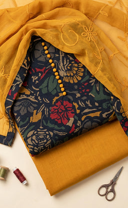 Mustard Yellow Cotton Floral Printed Un-Stitched Dress Material