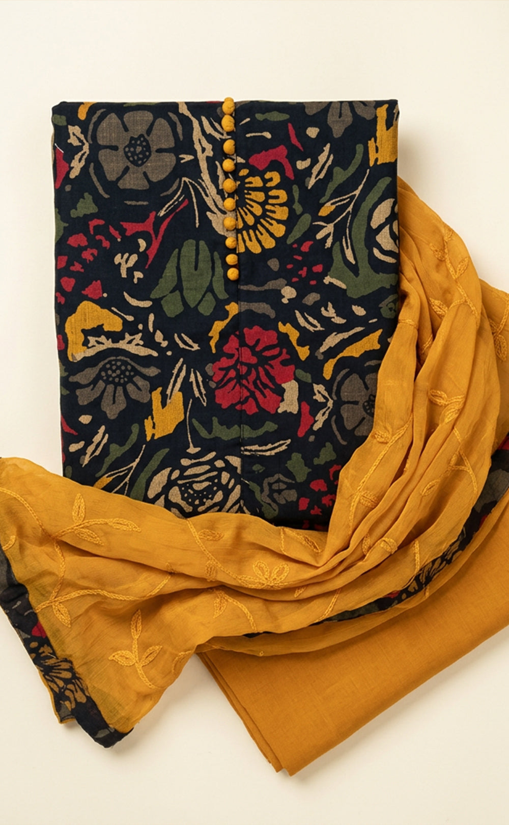 Mustard Yellow Cotton Floral Printed Un-Stitched Dress Material