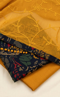 Mustard Yellow Cotton Floral Printed Un-Stitched Dress Material