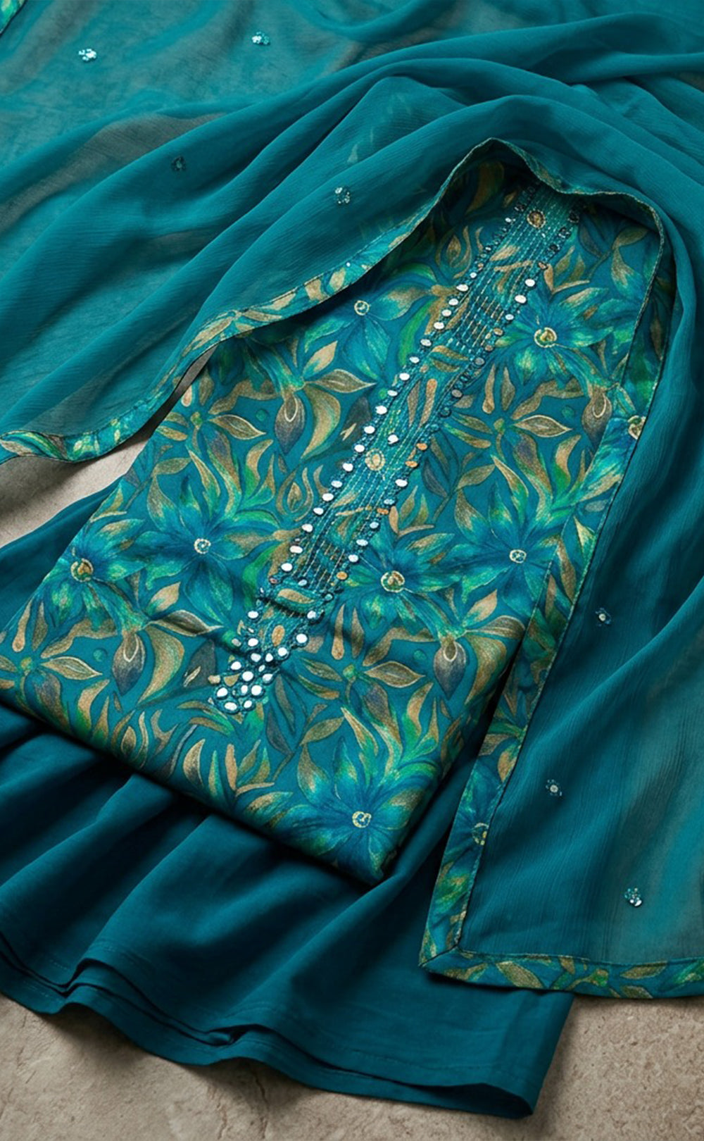 Peacock Blue Jaam Cotton All-Over Floral Printed Un-Stitched Dress Material
