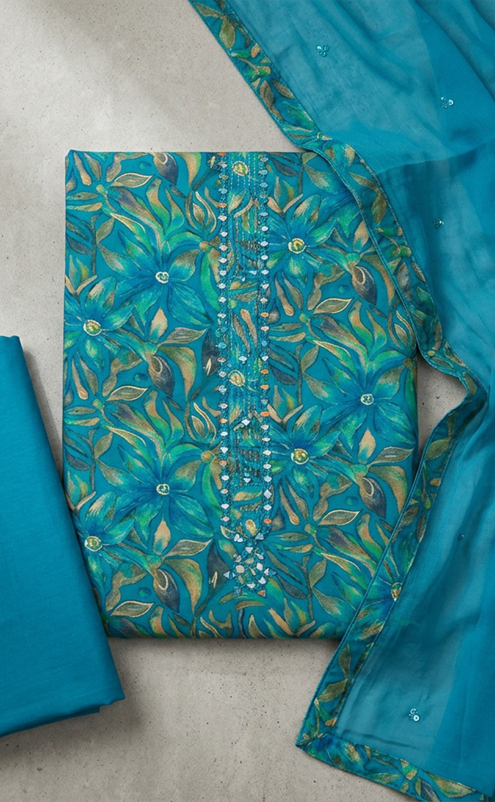 Peacock Blue Jaam Cotton All-Over Floral Printed Un-Stitched Dress Material
