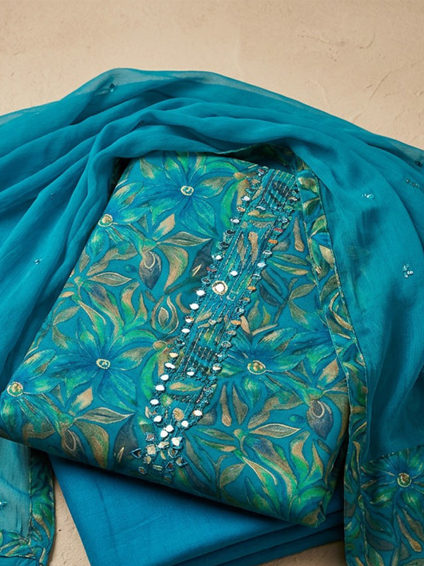 Peacock Blue Jaam Cotton All-Over Floral Printed Un-Stitched Dress Material