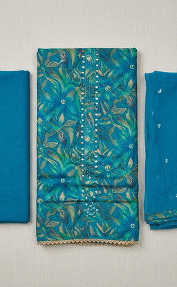 Peacock Blue Jaam Cotton All-Over Floral Printed Un-Stitched Dress Material