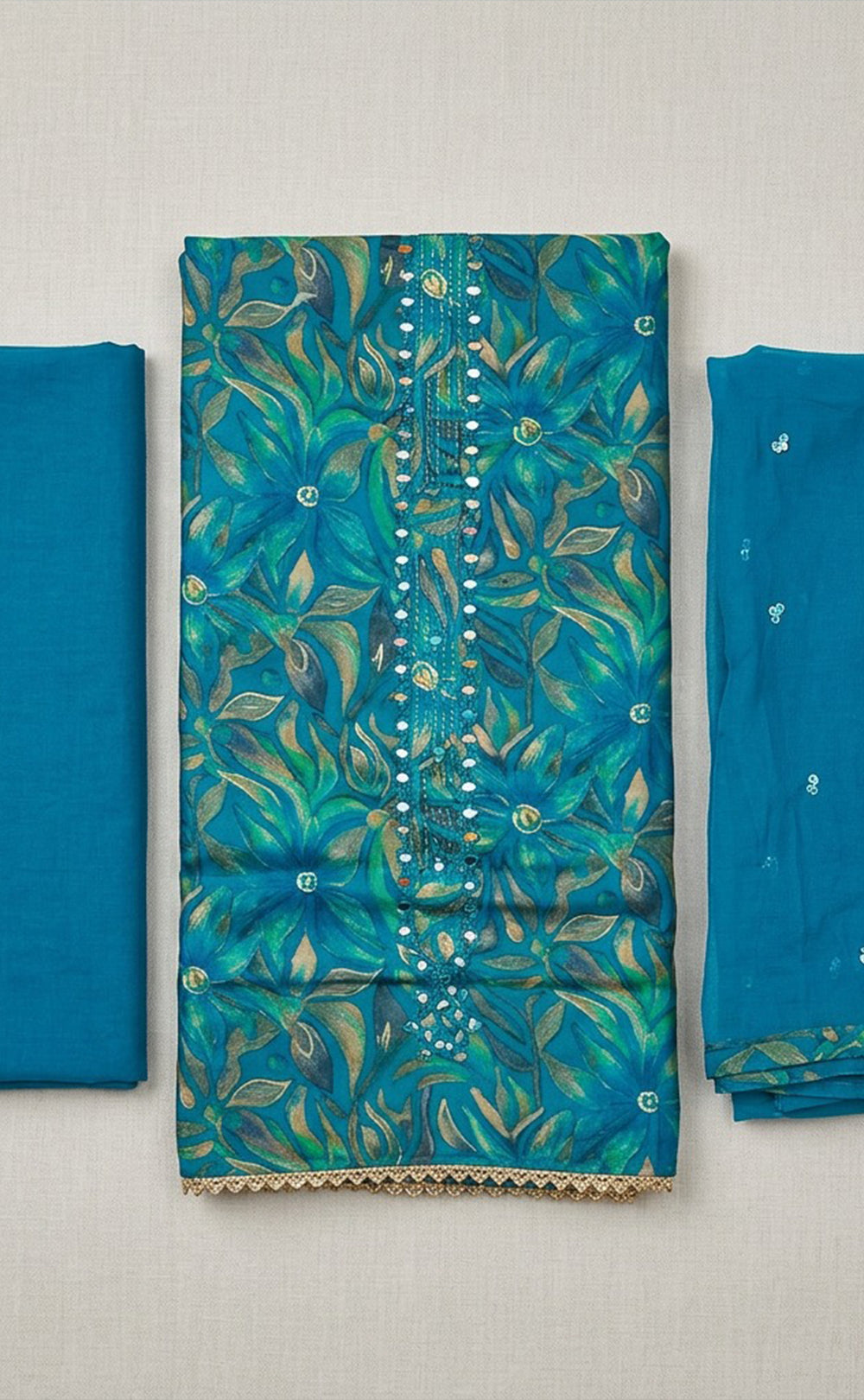 Peacock Blue Jaam Cotton All-Over Floral Printed Un-Stitched Dress Material
