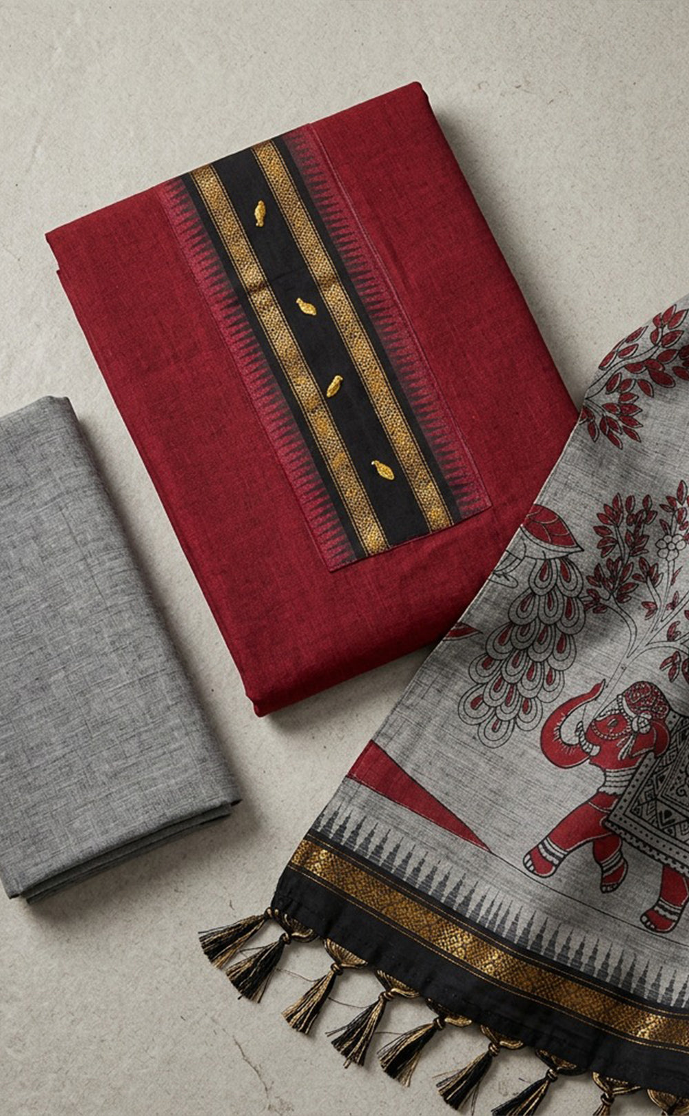 Maroon Handloom Cotton Plain Un-Stitched Dress Material