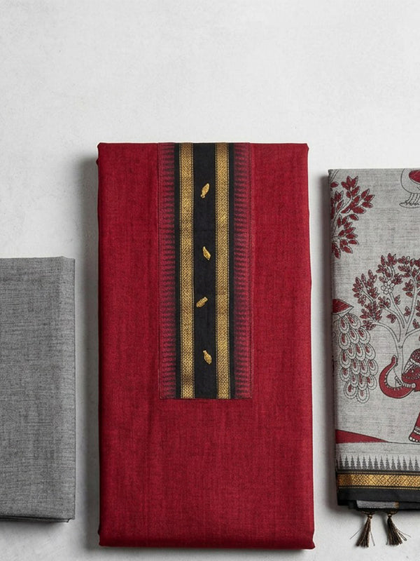 Maroon Handloom Cotton Plain Un-Stitched Dress Material