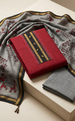 Maroon Handloom Cotton Plain Un-Stitched Dress Material