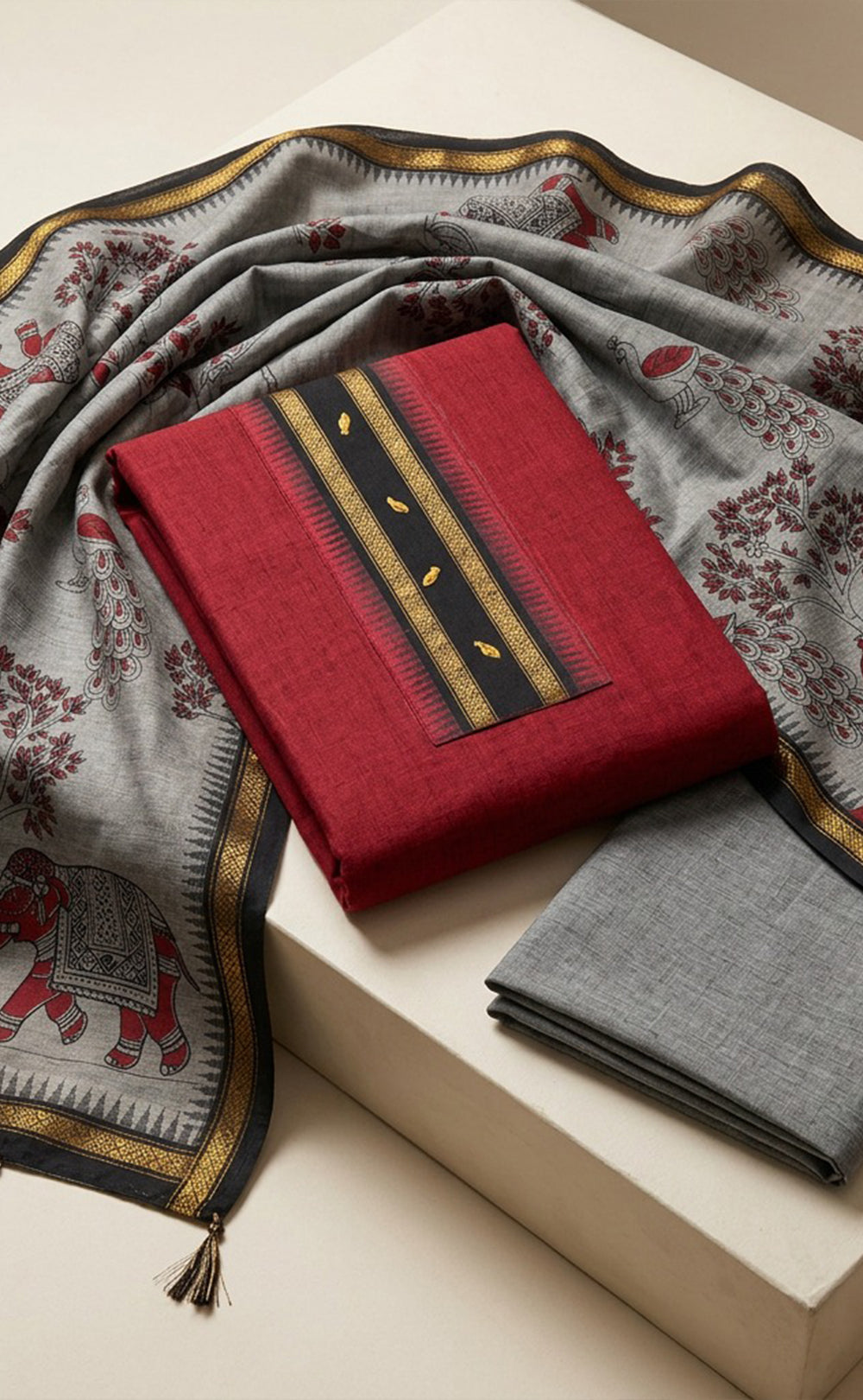 Maroon Handloom Cotton Plain Un-Stitched Dress Material