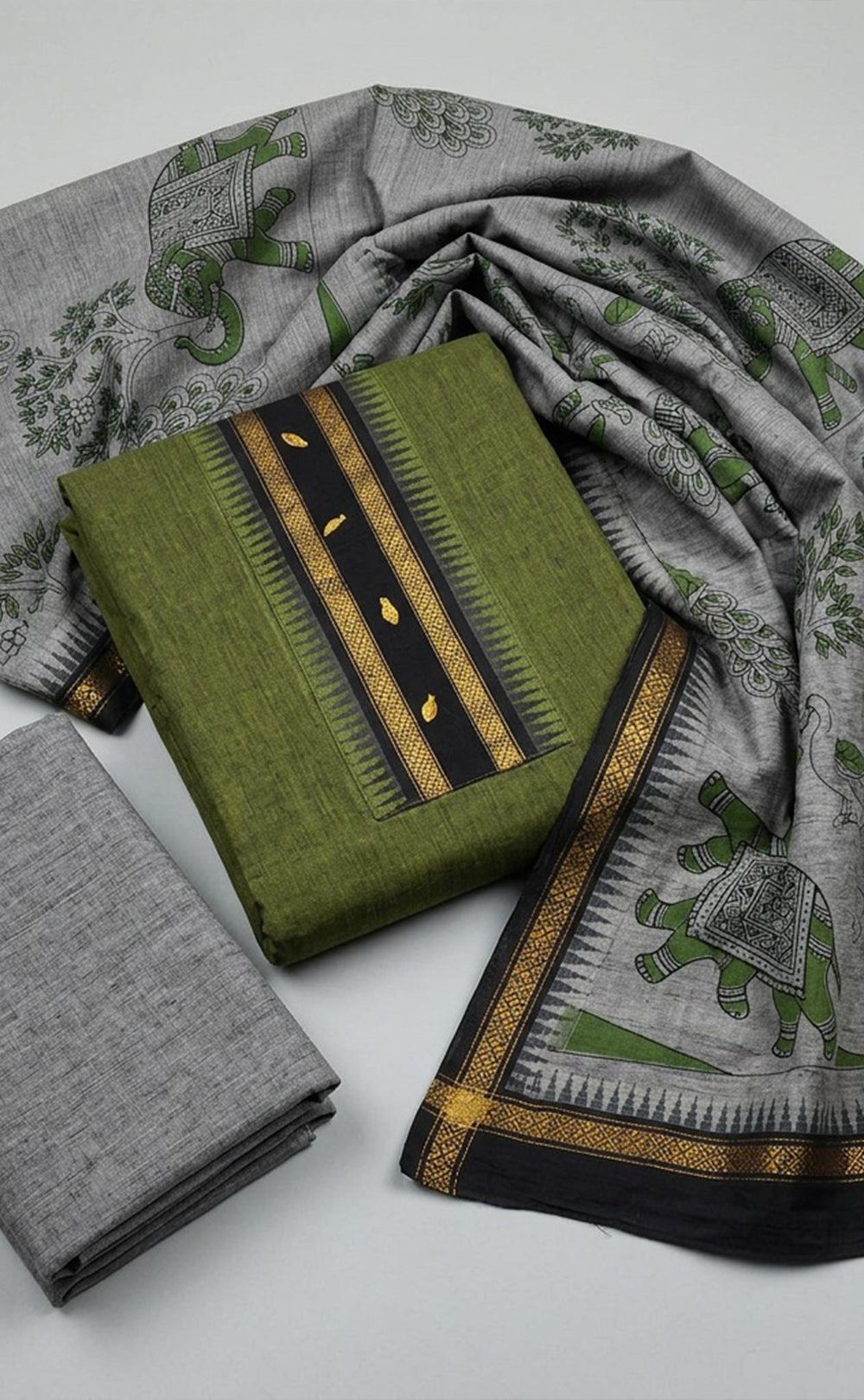 Mehndi Green Handloom Cotton Plain Un-Stitched Dress Material