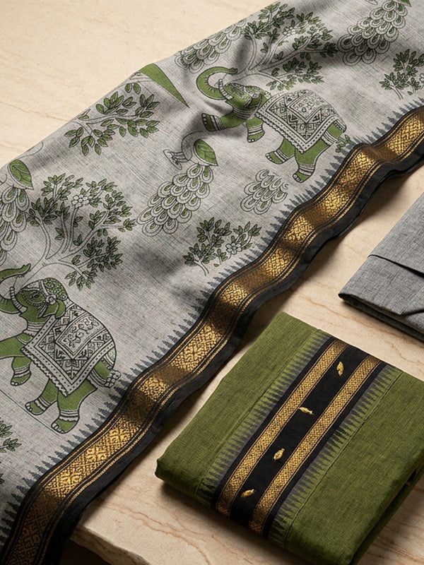 Mehndi Green Handloom Cotton Plain Un-Stitched Dress Material