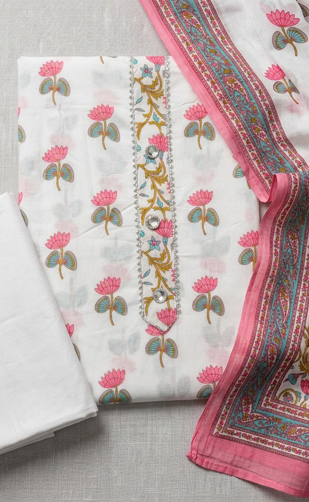 White Cotton All-Over Flower Printed Un-Stitched Dress Material