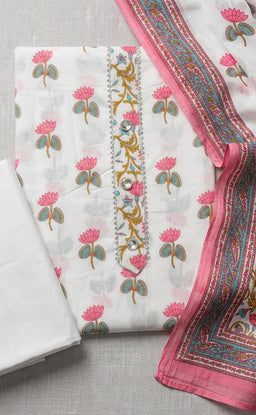 White Cotton All-Over Flower Printed Un-Stitched Dress Material