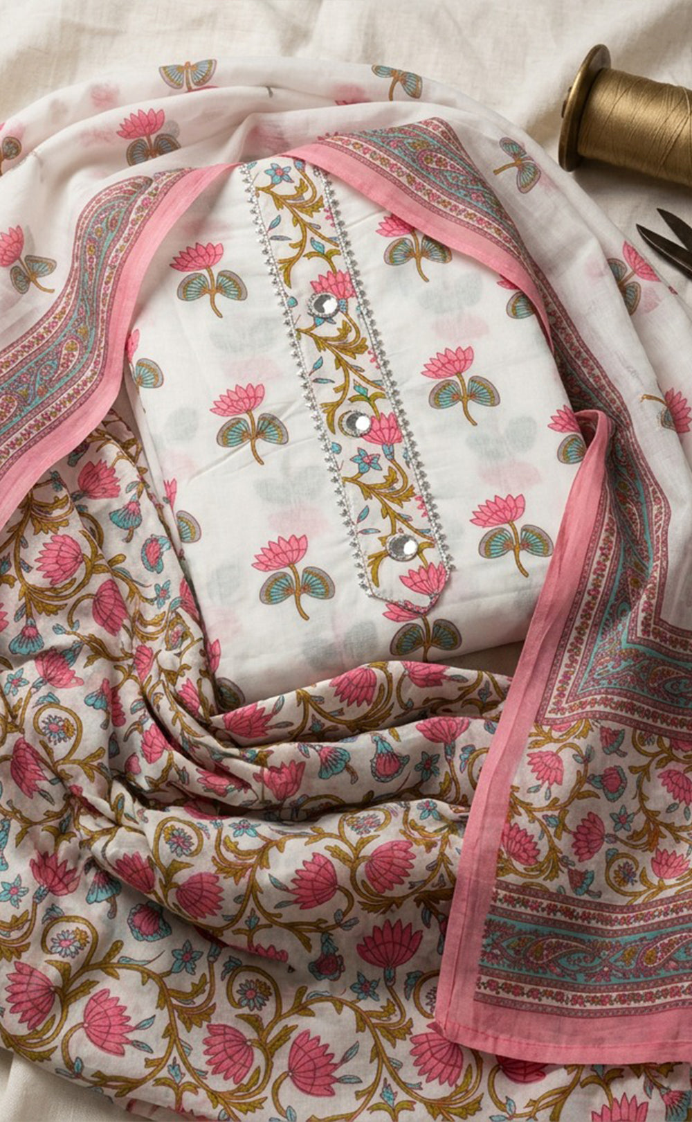 White Cotton All-Over Flower Printed Un-Stitched Dress Material