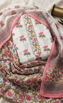 White Cotton All-Over Flower Printed Un-Stitched Dress Material