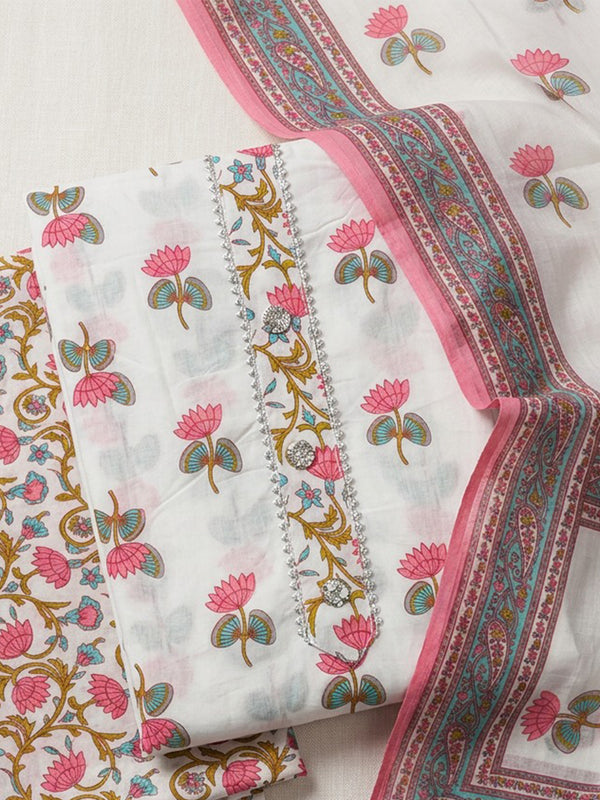 White Cotton All-Over Flower Printed Un-Stitched Dress Material
