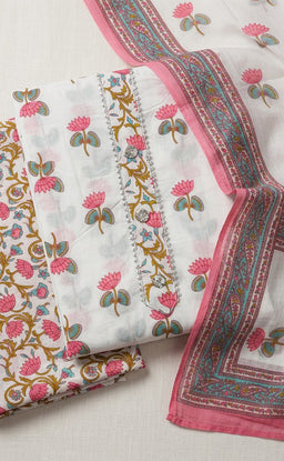 White Cotton All-Over Flower Printed Un-Stitched Dress Material