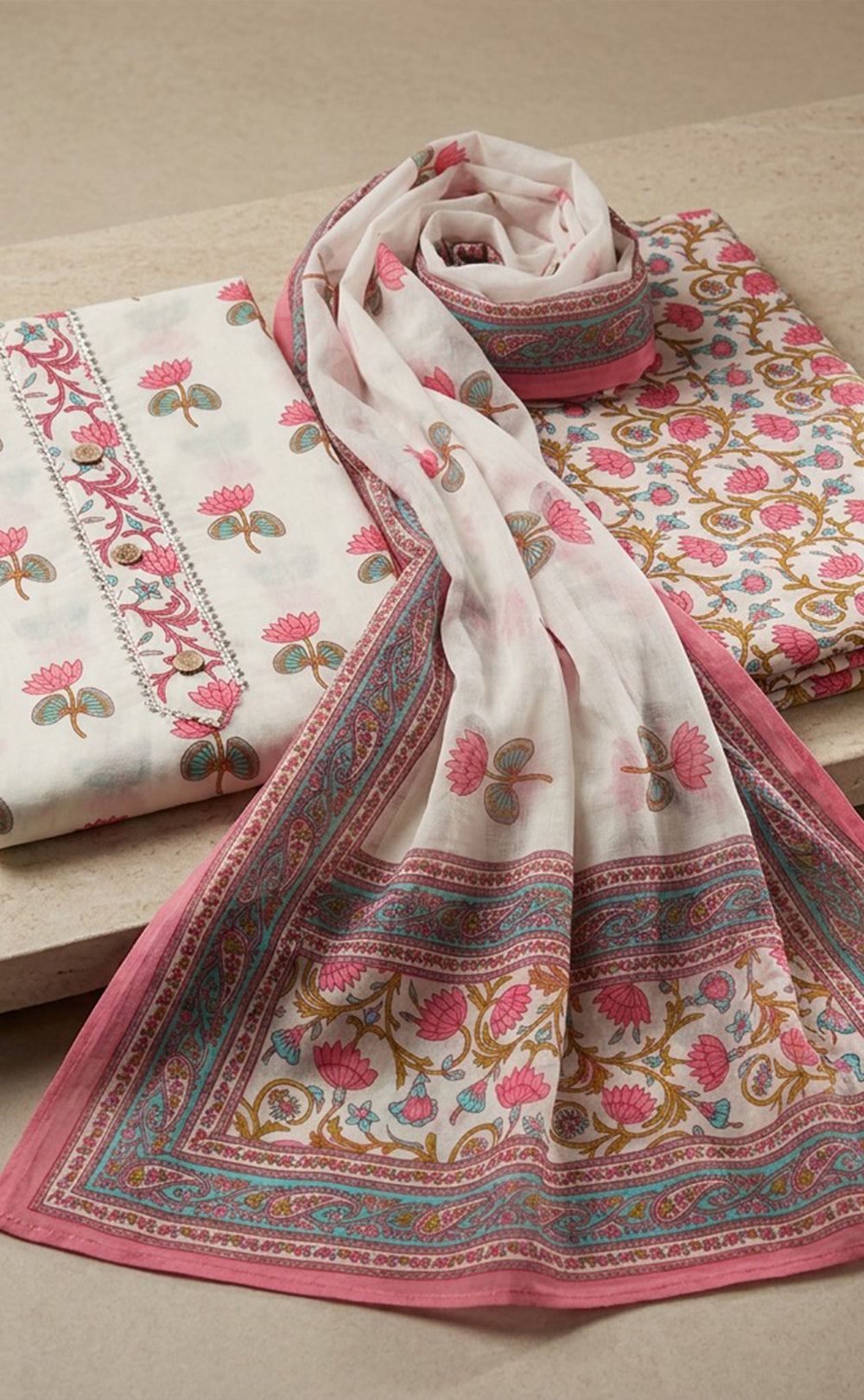 White Cotton All-Over Flower Printed Un-Stitched Dress Material