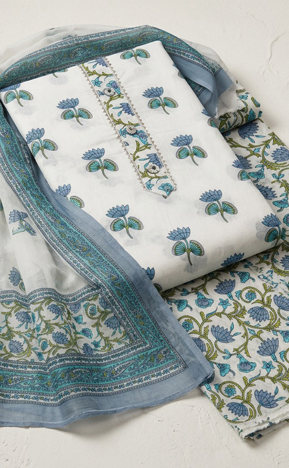 White Cotton All-Over Flower Printed Un-Stitched Dress Material