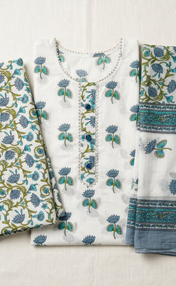 White Cotton All-Over Flower Printed Un-Stitched Dress Material