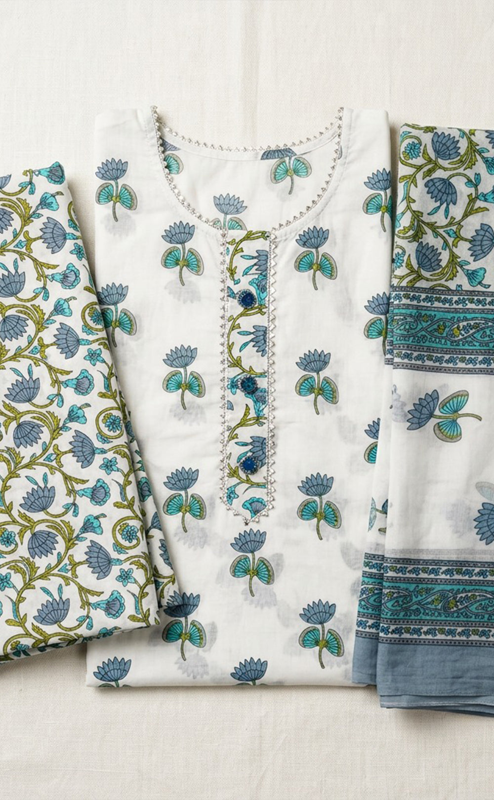 White Cotton All-Over Flower Printed Un-Stitched Dress Material