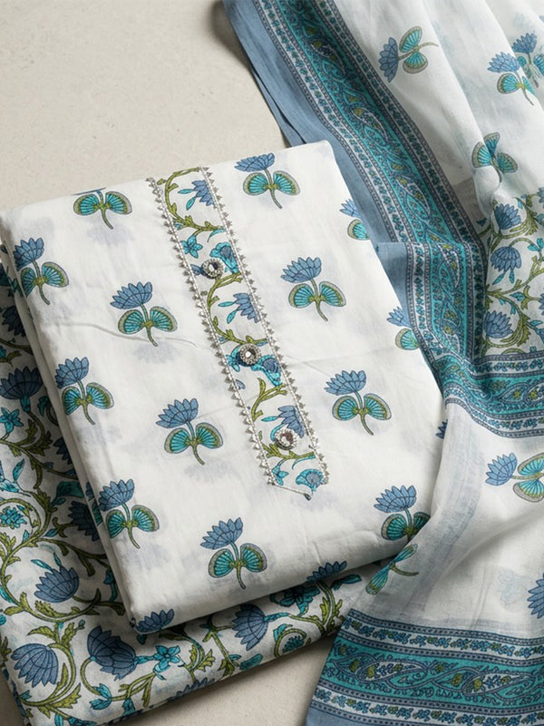 White Cotton All-Over Flower Printed Un-Stitched Dress Material