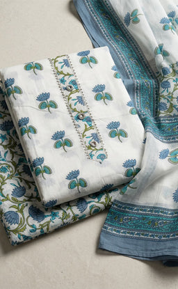 White Cotton All-Over Flower Printed Un-Stitched Dress Material