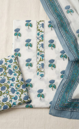 White Cotton All-Over Flower Printed Un-Stitched Dress Material