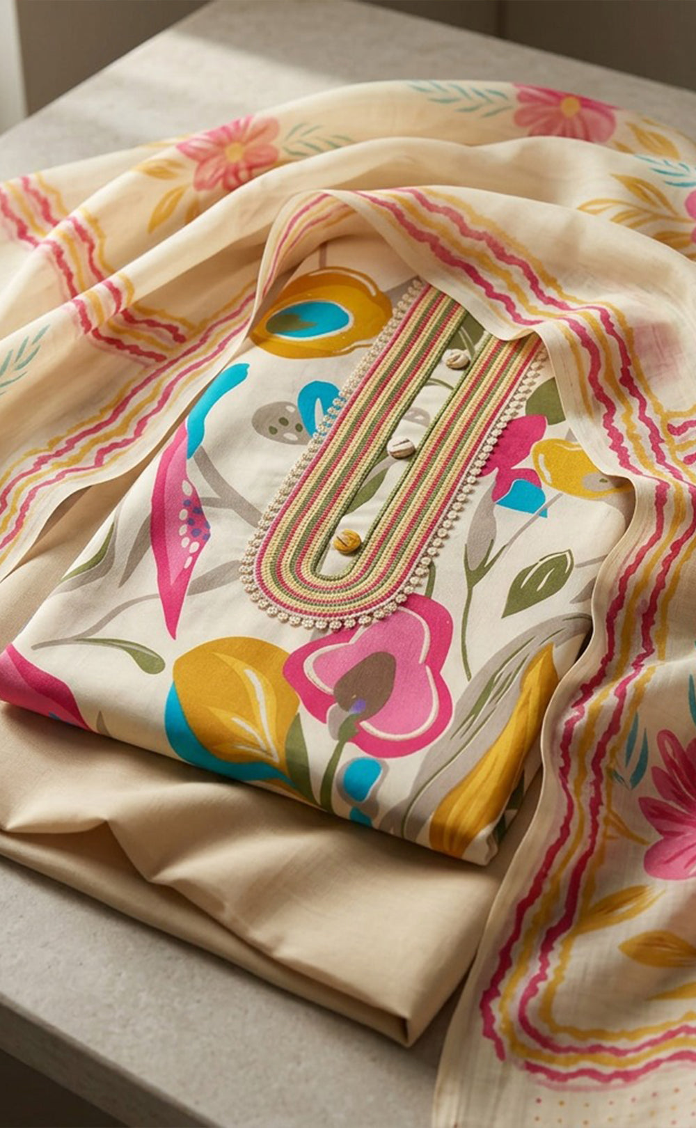 Cream Cotton All-Over Floral Printed Un-Stitched Dress Material