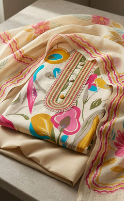 Cream Cotton All-Over Floral Printed Un-Stitched Dress Material