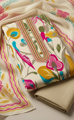 Cream Cotton All-Over Floral Printed Un-Stitched Dress Material