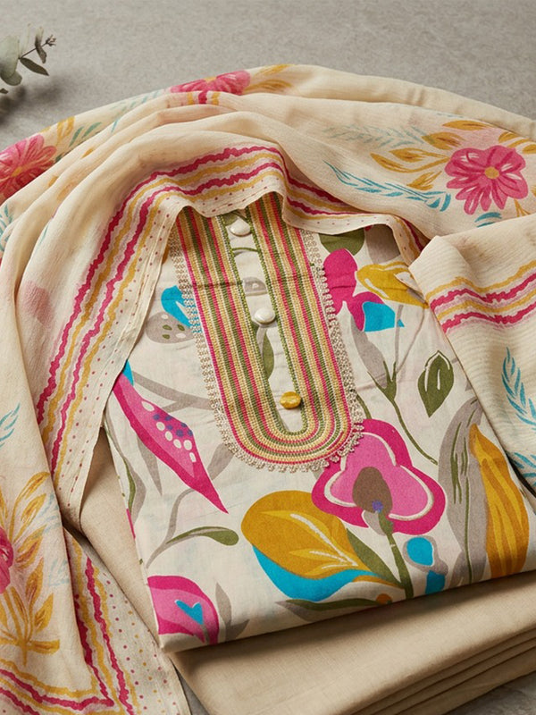 Cream Cotton All-Over Floral Printed Un-Stitched Dress Material