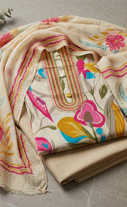 Cream Cotton All-Over Floral Printed Un-Stitched Dress Material