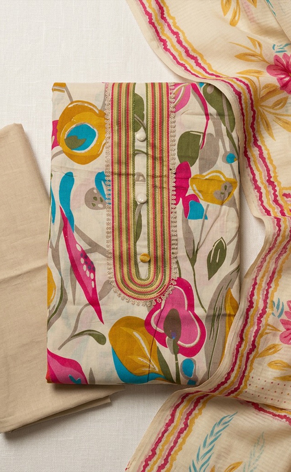 Cream Cotton All-Over Floral Printed Un-Stitched Dress Material