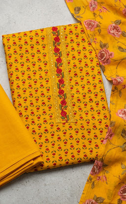 Yellow Cotton All-Over Small Buti Flower Printed Un-Stitched Dress Material