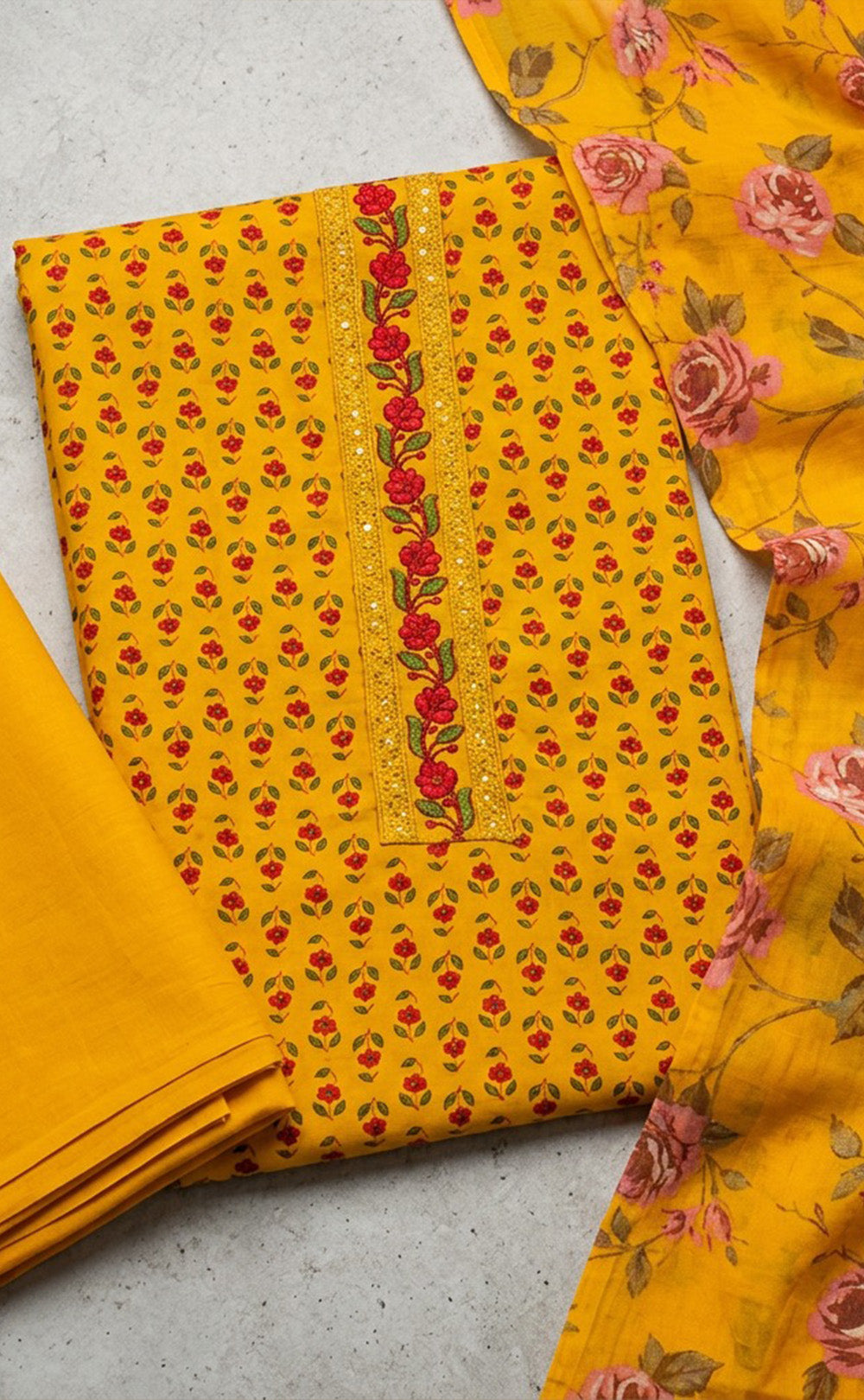 Yellow Cotton All-Over Small Buti Flower Printed Un-Stitched Dress Material